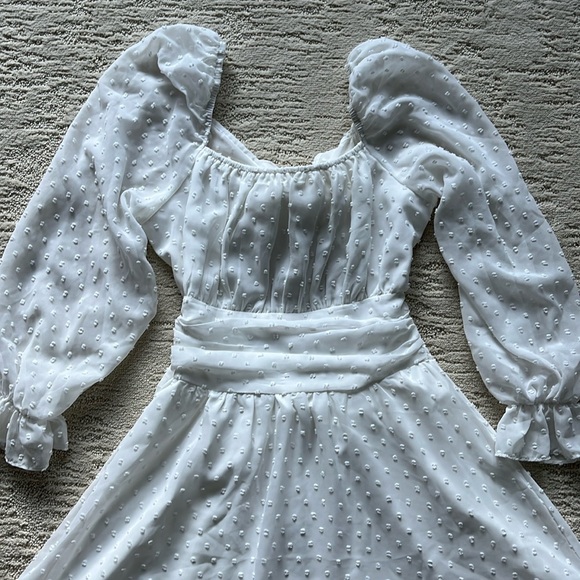 EXLURA Women‘s Tie Back Swiss Dot Square Neck Ruched Long Sleeve Ruffle Dress - Picture 3 of 11